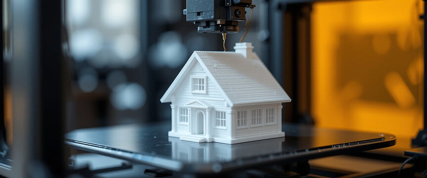 wide panoramic cover photo of a 3d printer building a small scale prototype model of a house 