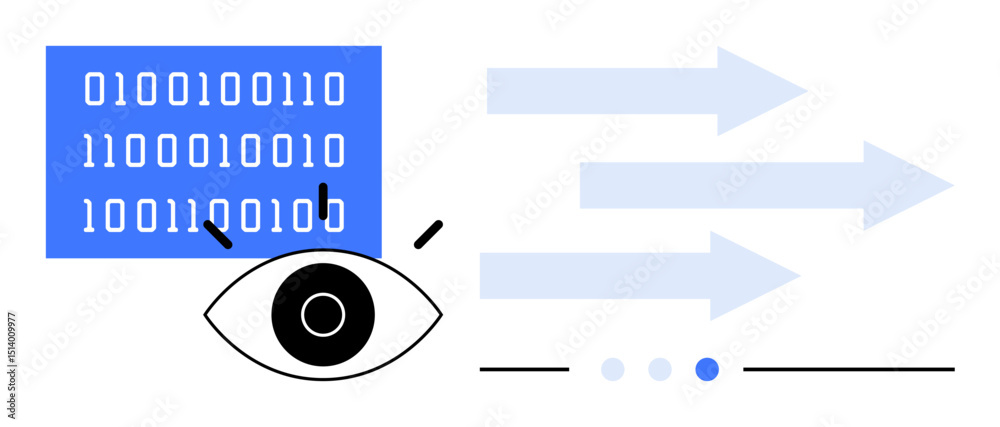 Poster binary code blocks paired with a stylized eye, pointing arrows showing data flow direction. ideal fo
