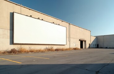 Blank white billboard on warehouse wall with parking lot. Empty sign for ad mock-up space, ideal for business marketing, advertising design, branding promotion. Copy space for ad campaign.