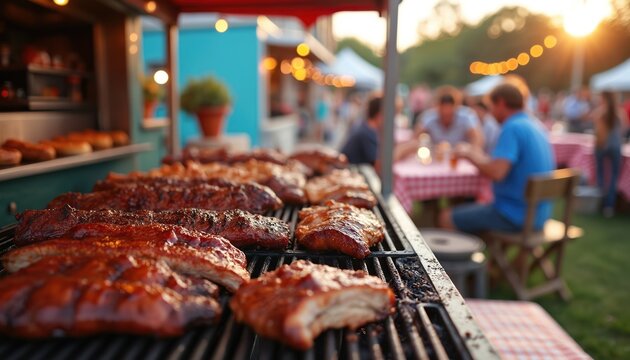 BBQ food truck at festival. Smoked ribs brisket, pulled pork on grill. Outdoor dining scene, live music, festive vibes, happy people enjoying food, drinks at sunset. - Powered by Adobe