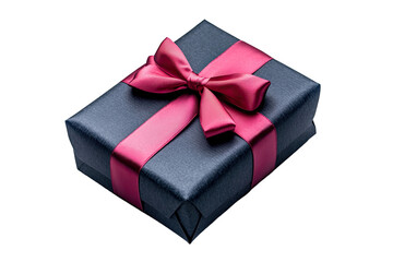 Obraz premium Elegant gift box wrapped in blue paper with a luxurious pink ribbon on black background