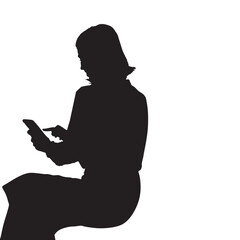 Silhouette of Woman Sitting and Using Smartphone on White Background