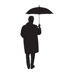 Silhouette of Man Holding Umbrella in Coat and Hat on White Background
