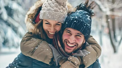 A happy couple enjoys a snowy winter day. They are laughing and smiling while surrounded by a winter wonderland. The joy and warmth of their relationship shine through. - Powered by Adobe
