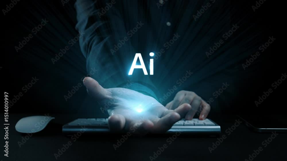 Poster human interact with ai artificial intelligence virtual assistant chatbot in concept of ai artificial
