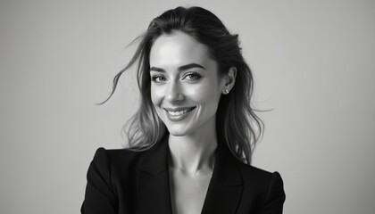 Fototapeta premium Elegant European businesswoman posing professional portrait in monochrome. Confident woman wears black jacket with stylish hair, smiles. Concept for business success, style, leadership, confidence.