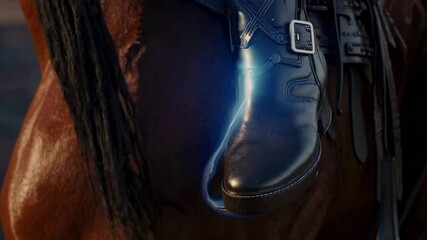 Close-up of a horse rider's boot emitting a blue light, suggesting advanced technology or a futuristic concept related to equestrian sports - Powered by Adobe