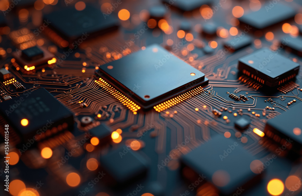 Poster Close-up of quantum computer components. CPU, circuit board, chips, processor, electronic elements. High-tech background. Data processing tech. Modern data center, artificial intelligence, cloud