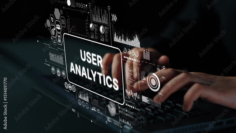 Poster hands typing on laptop while data visualization and user analytics concept overlay create a modern t