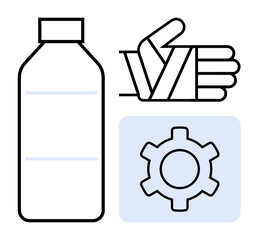 Beverage bottle, bandaged hand, and gear mechanism for safety, fitness, mechanics, healthcare, sports, wellness and engineering. Ideal for health campaigns or a simple landing page