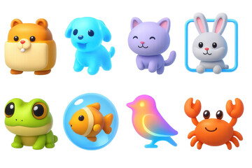 Naklejka premium Virtual pet icons set – 3d, adorable animal and playful character designs