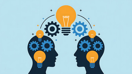 Two heads facing each other with gears and lightbulbs on a light blue background