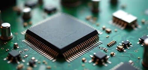 Macro photo of microchip on electronic circuit board. Processor central processing unit, capacitor, resistor, transistor. Computer tech component, digital hardware, computer parts, motherboard,