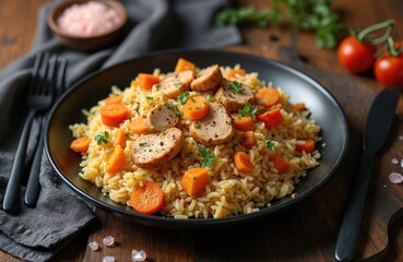 Uzbek pilaf with chicken, carrots, herbs on plate. Traditional rice dish with meat, vegetables on wooden table. Hot, tasty meal, dinner, lunch. Eastern cuisine, comfort food.