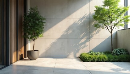 Modern home interior design with zen garden. Luxury house with empty concrete wall sunlight, green trees, outdoor plants. Calmness, tranquility, minimalist design, eco-friendly decor, natural