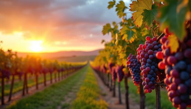 Panoramic sunset view vineyard. Ripe grapes on vines at golden hour. Rows of grapevines lead to horizon. Warm colors, scenic landscape. Agriculture, farming, wine production concept.