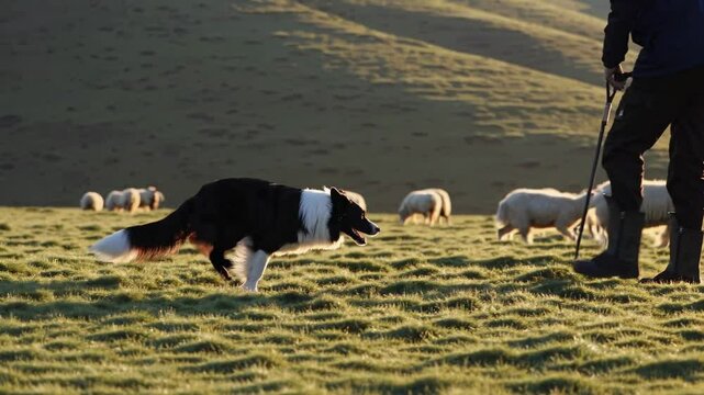 Border collie walking gracefully across a vibrant green meadow, skillfully herding a flock of sheep on a picturesque hill during a stunning sunset, creating a serene rural scene