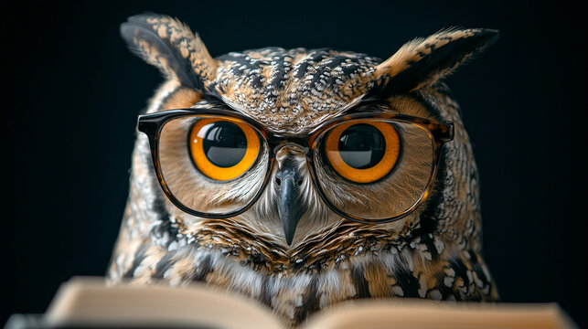 3D illustration of a wise owl wearing glasses, diligently writing in a notebook. Represents wisdom in financial planning, attention to detail, and smart bookkeeping. Minimal background with caption sp