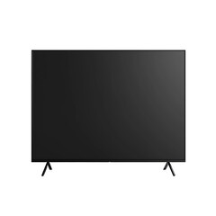 A modern flat-screen television stands on sleek legs against a black backdrop, its screen dark and inviting, promising immersive entertainment.