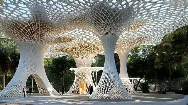 Futuristic arbor: Striking parametric architecture amidst lush green tropical scenery