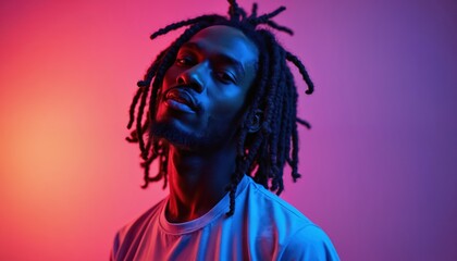 Young black man with stylish dreadlocks poses against gradient background of pink, purple colors. Exudes cool, confident vibe. Perfect for music art, fashion design, concert posters, rap album cover.