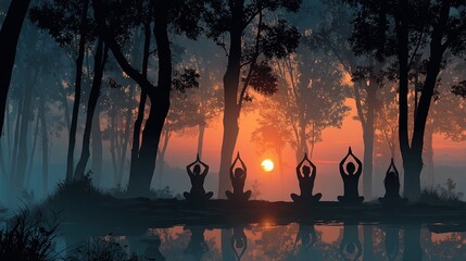 Silhouettes of people meditating in a misty forest at sunrise