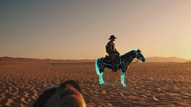 Cowboy rides a futuristic horse with glowing neon outlines in a vast desert landscape at sunset, creating a striking contrast between classic western imagery and futuristic elements