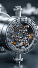 Chemical Vapor Deposition (CVD) machine in a high-tech lab with white gold and silver tones. Symbolizes precision, advanced manufacturing, nanotechnology, material science, and technological innovatio