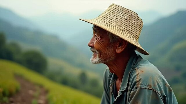 Smiling, aging farmer with a straw hat in a hilly landscape with green vegetation