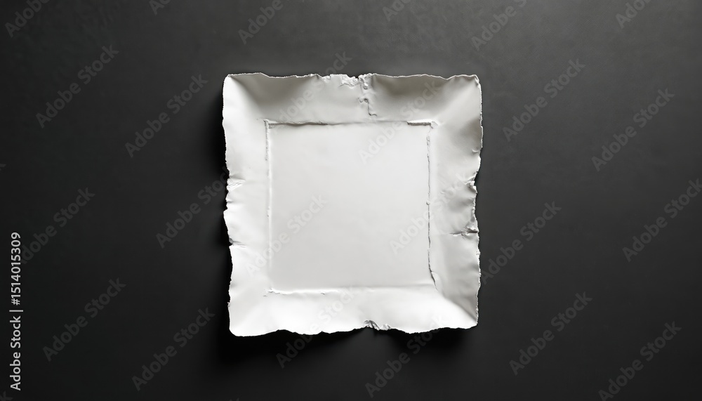 Poster torn square of white paper on dark background. edges ripped, distressed, burnt. blank paper square, 