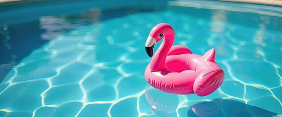 Floating flamingo pool toy in blue water, Fun poolside scene
