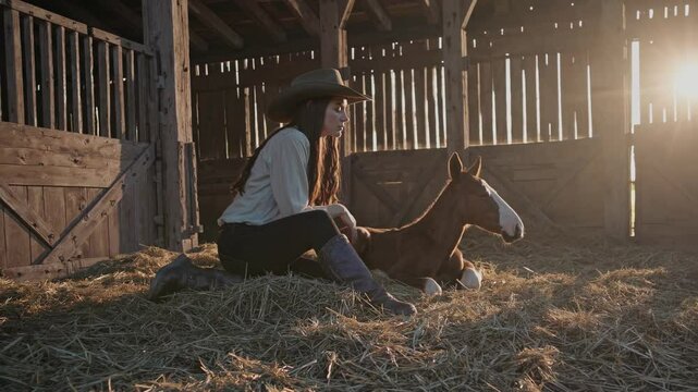 Cowgirl wearing a hat and boots gently caring for a newborn foal resting on hay in a barn, bathed in the warm glow of golden hour sunlight