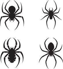A vector illustration set of four black spider silhouettes on white background
