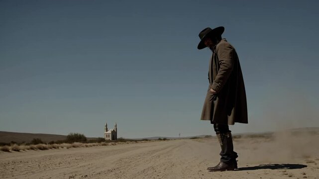 Gunslinger cowboy with long brown coat and black hat posing in desert road with old church in background, dust blowing in the wind, creating a dramatic wild west scene