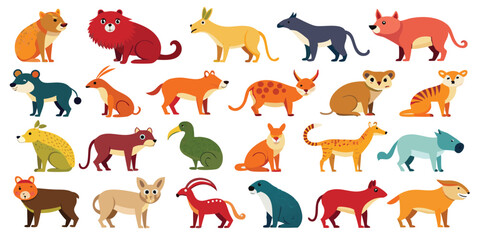 Fototapeta premium Pastel Colored Cute Animal Illustrations, Fantasy Forest Animal Icons Bundle, Whimsical Animal Silhouettes Clip Pack, Happy Woodland Creatures for Nursery, Funny Furry Animals in Flat Vector Style, Ki