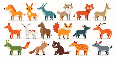 Flat Animal Mascots for Kids Books, Pastel Colored Cute Animal Illustrations, Fantasy Forest Animal Icons Bundle, Whimsical Animal Silhouettes Clip Pack, Happy Woodland Creatures for Nursery, Funny Fu