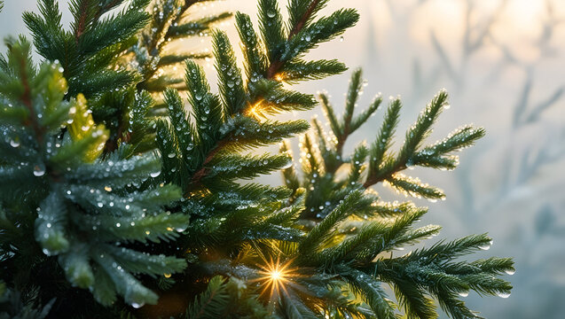 Evergreen foliage with morning dew, bathed in warm sunlight for a peaceful natural scene.