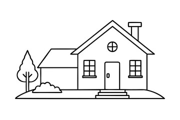 Simple line drawing suburban house with tree and shrubbery