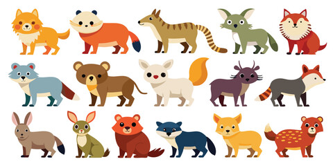 Fototapeta premium Quirky Animal Friends Clipart Pack, Stylized Wild Animals in Fun Colors, Charming Animal Companions Vector Set, Baby Safari Creatures with Big Eyes, Flat Animal Mascots for Kids Books, Pastel Colored 