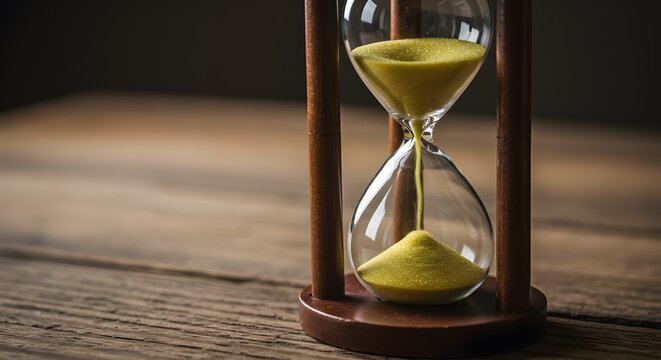 Arena corriendo a trav&eacute;s de los bulbos de un reloj de arena midiendo el tiempo que pasa en una cuenta regresiva hacia una fecha l&iacute;mite con espacio de copia.