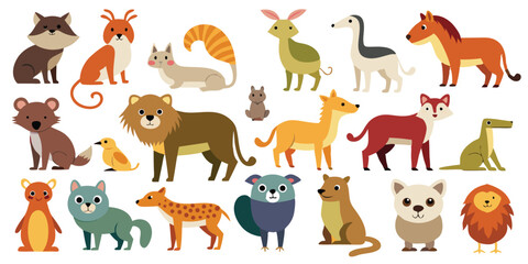 Hand-Drawn Cute Mammals and Critters, Minimal Animal Characters for Printing, Quirky Animal Friends Clipart Pack, Stylized Wild Animals in Fun Colors, Charming Animal Companions Vector Set