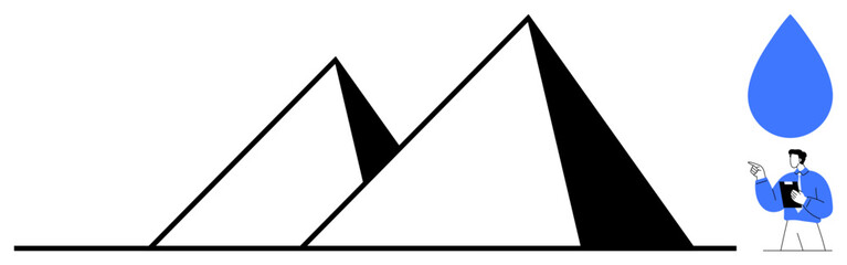 Minimalist pyramids paired with a person holding a folder, observing a giant blue raindrop. Ideal for progress, discovery, measurement, geometry, environment, innovation imagination. Flat simple