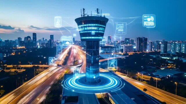 Futuristic Control Tower Cityscape At Night