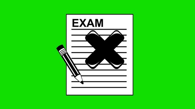 video animation drawing black and white icon pen, exam and cross, in disapproved evaluation concept, on a green chroma key background