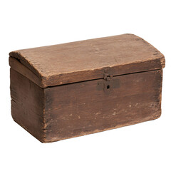 Rustic, old wooden chest with a simple metal latch. Warm brown tones, showing wear and character from age and use. Storage box, container.