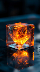 Illuminated metallic cube resting on a dark reflective surface, showcasing sharp edges and sleek design. Modern, minimalistic aesthetic with dramatic lighting and shadow play. Caption space on the sid