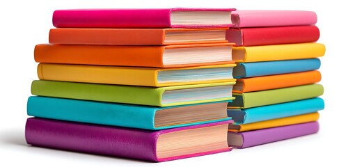 A stack of colorful books with vibrant covers piled on top of each other on a white surface