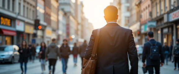 wide horizontal backward photo of businessman hanging a bag and walking through an urban city buildings in a crowded street with copy space 
