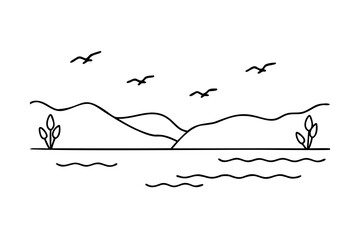 Serene lakeside mountain landscape minimalist line art illustration