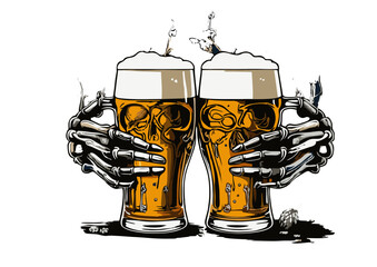 Skeletal Hands Toasting with Beer A Spooky and Festive Illustration of Two Beer Glasses